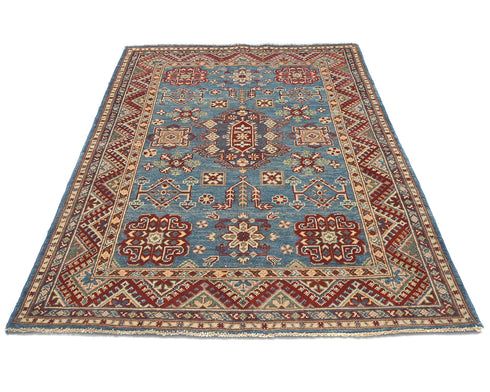 4x6 Blue Kuba Afghan Hand Knotted Wool Area Rug